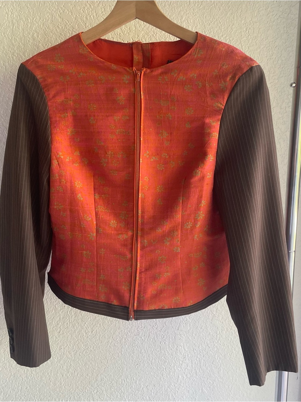 Custom Orange Floral Front Bomber Jacket with Brown Pinstripe Sleeve